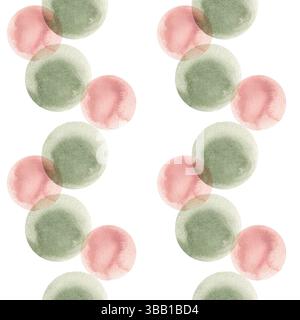 Niedliches, nahtloses Muster mit grünen und rosafarbenen Wasserfarben. Handgezeichneter Kreise Hintergrund in dynamischer, abstrakter Grafik Clipart für Hintergrundbilder, W Stockfoto