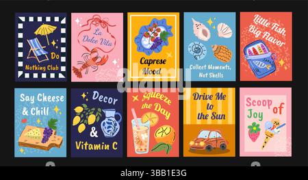 Set lustiger illustrierter Postkarten, inspiriert vom Sommer auf Sizilien. Enthält Zitate, Fisch und Meeresfrüchte, Zitronen und Retro-Sommer-Vibes für Poster oder Drucke. Stock Vektor