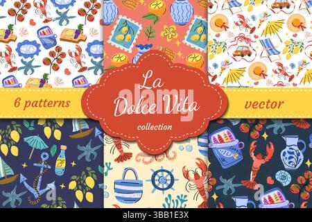 La Dolce Vita Vektormuster mit Sonne, Zitrone, Nudeln, Tomaten und Meeresfrüchten. Eine Feier des italienischen Lebensstils und des fröhlichen Sommers. Stock Vektor