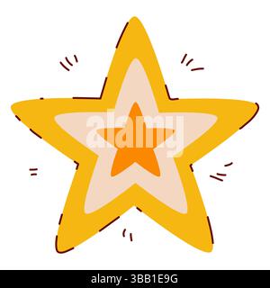 Doodle Star Symbol in handgezeichnetem Stil mit dezenten Liniendekorationen. Goldene Weihnachtssternform isoliert auf weißem Hintergrund. Niedliche kindliche Ikone Stock Vektor
