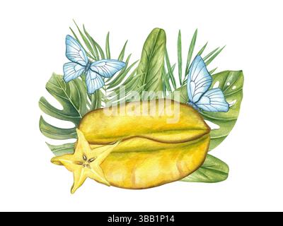 Aquarell ganze Sternfrucht mit Scheibe umgeben von tropischen Blättern und flatternden blauen Schmetterlingen Illustration isolierter Hintergrund. Karambola Stockfoto