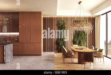 Eleganter Speisesaal mit grüner Wand und Kristallleuchter Stockfoto