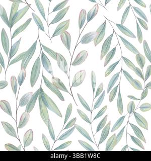 Aquarellfarbe üppiges Blatt Eukalyptus oder Olivenzweig Illustration isolierter Hintergrund. Blaugrüne Blätter mit rosafarbenen Kanten. Blumenelement Stockfoto