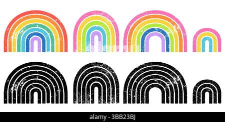 Regenbogenset mit lackierten Grunge-Texturen. Vektor Bunte Kreidekreide gemalte Symbole isoliert auf weißem Hintergrund. Trendige Designelemente für den Sommer Stock Vektor