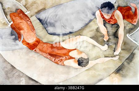 Hochauflösender Scan von Charles Demuth's zwei Trapeze Performers in Rot, 1920er Jahre Public Domain Aquarell, mit dem dramatische Zirkusdarbietungen mit vib aufgenommen werden Stockfoto