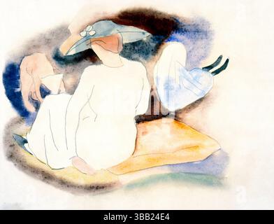 Hochauflösender Scan von Charles Demuth's Frau mit Hut und 2 Figuren, gemeinfreies Aquarell aus den 1920er Jahren, modernistische Familienszene mit dynamischen Figuren und Stockfoto