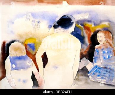 Hochauflösender Scan von Charles Demuth's Frau mit schwarzem Haar und zwei Kindern, Aquarellkunst aus den 1920er Jahren, die intime Familiendynamik und Moderne einfängt Stockfoto