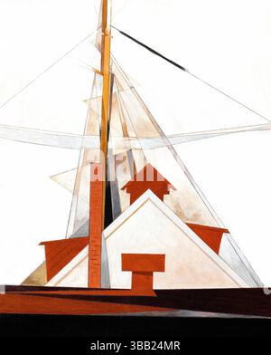 Hochauflösender Scan von Charles Demuths Masten, einem gemeinfreien modernistischen Aquarell aus den 1920er Jahren, mit abstrakten Masten in geometrischen Formen, maritim A Stockfoto