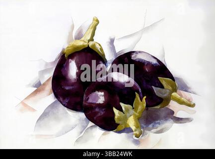 Hochauflösender Scan von Charles Demuth 1925 Auberginen in Aquarellen, ein beeindruckendes Stillleben in satten Tönen, modernistische amerikanische Obst- und Gemüsekomposition Stockfoto