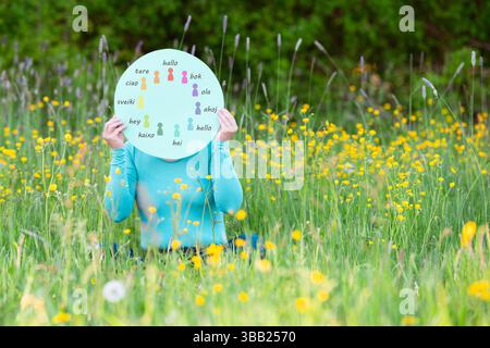 Europäische Sprachen, Wort Hallo in verschiedenen Sprachen, die in Europa gesprochen werden, Konzept der mehrsprachigen und mehrsprachigen Sprache für Arbeit und Reisen Stockfoto