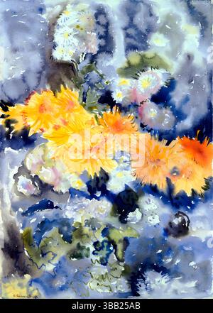 Hochauflösender Scan von Charles Demuths abstraktem Gemälde Gelb und Blau aus den 1920er Jahren, mit leuchtendem Kontrast zwischen Gelb und Blau Stockfoto