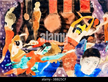 Hochauflösender Scan von Charles Demuth's Masque of the Red Death, gemeinfreies modernistisches Aquarell aus den 1920er Jahren basierend auf Poes Geschichte, Tod, Angst und Symbol Stockfoto