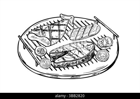 Gegrillte Meeresfrüchte und Gemüse auf runder Gitterlinie, schwarze Tinte. Einfarbiger Fisch, Tintenfisch, Zwiebeln, Tomaten, Zucchini auf Drahtgitter. BBQ-Vektor Stock Vektor