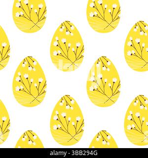 Gelbe Ostereier farbige Blütenzweige und nahtloses Muster mit Schnur. Idee zum Osterhintergrund. Isolierte Vektorillustration isolierte Vektorillustration Gruß Thematische Karten Verpackung Konzept Stock Vektor