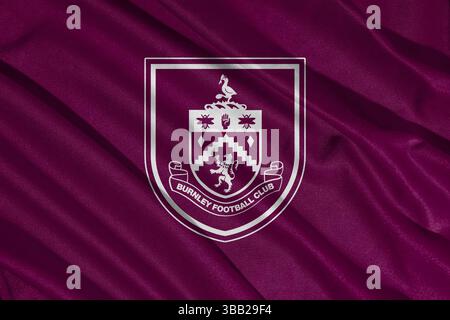 Pringsewu, lampung 25. Mai 2025; selektiver Fokus des Burnley Football Club-Logos in der efl-Meisterschaft, 3D-Illustration Stockfoto