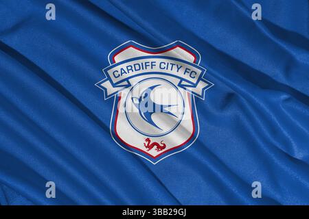 Pringsewu, lampung 25. Mai 2025; selektiver Fokus des Cardiff City Football Club-Logos in der efl-Meisterschaft, 3D-Illustration Stockfoto