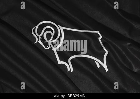 Pringsewu, lampung 25. Mai 2025; selektiver Fokus des Derby County Football Club-Logos in der efl-Meisterschaft, 3D-Illustration Stockfoto
