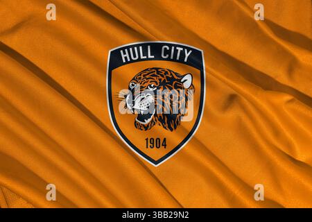 Pringsewu, lampung 25. Mai 2025; selektives Focus of Hull City Football Club Logo in efl Championship, 3D Illustration Stockfoto