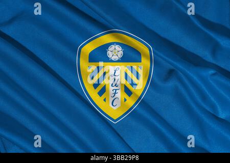 Pringsewu, lampung 25. Mai 2025; selektiver Fokus des Leeds United Football Club-Logos in der efl-Meisterschaft, 3D-Illustration Stockfoto