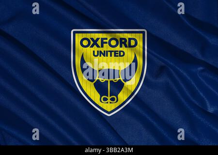 Pringsewu, lampung 25. Mai 2025; selektiver Fokus des Oxford United Football Club-Logos in der efl-Meisterschaft, 3D-Illustration Stockfoto