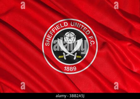 Pringsewu, lampung 25. Mai 2025; selektiver Fokus des Sheffield United Football Club Logos in der efl-Meisterschaft, 3D-Illustration Stockfoto