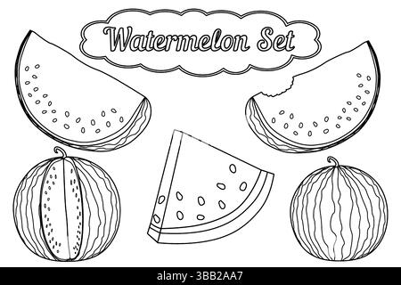 Färbung mit Sommerumrandung Set aus reif gestreiften Wassermelonen - ganz, mit geschnittenem Stück, Scheiben mit saftigem Fruchtfleisch und Samen. Wassermelone mit T-Stück abgebissen Stock Vektor