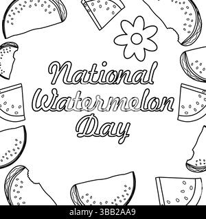 Ausmalseite mit Sommerumrisszeichnung aus saftigen Wassermelonenscheiben und Gänseblümchen. Bissmarkierung. Nationaler Tag Der Wassermelone. Für die Unterhaltung der Kinder, Summ Stock Vektor