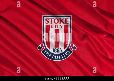 Pringsewu, lampung 25. Mai 2025; selektiver Fokus des Stoke City Football Club-Logos in der efl-Meisterschaft, 3D-Illustration Stockfoto