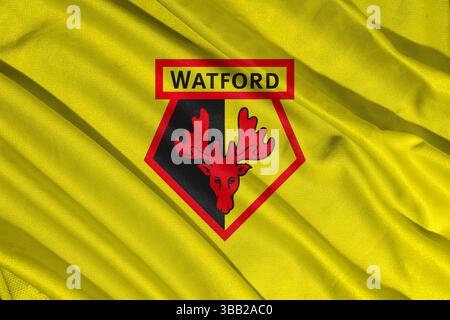 Pringsewu, lampung 25. Mai 2025; selektiver Fokus des Watford Football Club-Logos in der efl-Meisterschaft, 3D-Illustration Stockfoto