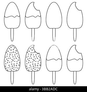 Färbung mit Sommer-Umrisszeichnung Set Eis auf einem Stock mit Belägen in verschiedenen Formen - ganz und abgebissen, und Zahnspuren. Für den Sommer Stock Vektor