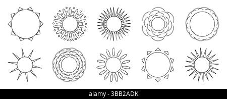 Ausmalseite mit Sommerzeichnung Set von Sonne mit verschiedenen Formen von Strahlen - dreieckig, oval, Kreise und Bögen. Element der Elemente. Für Enterta Stock Vektor