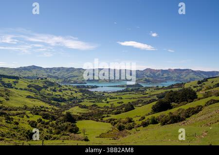 Ein Panoramablick auf üppige grüne Hügel und eine ruhige Bucht unter einem klaren blauen Himmel. Die Landschaft bietet sanfte Hügel, Bäume und einen ruhigen Wasserkörper i Stockfoto