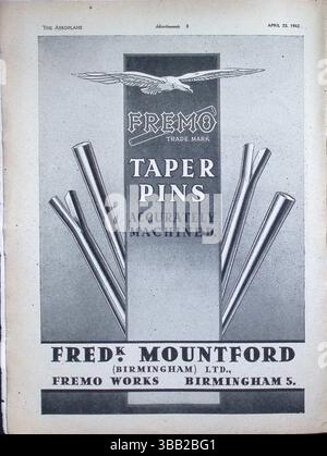 Original 1943 Werbung für Fredk. Mountford (Birmingham) Ltd., die für die Marke FREMO Kegelstifte werben, präzise bearbeitet für technische Anwendungen. Veröffentlicht im Flugzeugmagazin am 23. April 1943. Ein klassisches Beispiel für Industriewerbung aus dem britischen Fertigungssektor während des Krieges. Stockfoto