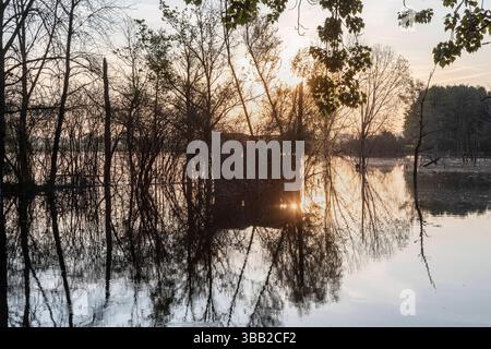 Beobachtungshütte im Naturschutzgebiet Biseller Insel bei Xanten, Auenlandschaft am Altrhein, Rückzugsgebiet für viele Tierarten - Xanten, Nordrhein-Westfalen, Deutschland *** Aussichtshütte im Naturschutzgebiet Bislicher Insel bei Xanten, Auenlandschaft am Altrhein, Rückzugsgebiet für viele Tierarten Xanten, Nordrhein-Westfalen, Deutschland Stockfoto