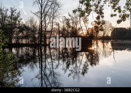 Beobachtungshütte im Naturschutzgebiet Biseller Insel bei Xanten, Auenlandschaft am Altrhein, Rückzugsgebiet für viele Tierarten - Xanten, Nordrhein-Westfalen, Deutschland *** Aussichtshütte im Naturschutzgebiet Bislicher Insel bei Xanten, Auenlandschaft am Altrhein, Rückzugsgebiet für viele Tierarten Xanten, Nordrhein-Westfalen, Deutschland Stockfoto