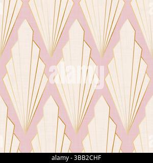 Nahtloses Art Deco-Vektormuster. Wiederholte goldene Diamantschale auf Pastellrosa mit Leinenstruktur. Vektorabbildung Stock Vektor