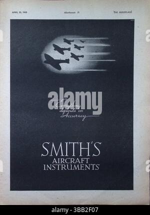 Originalwerbung aus der Zeit des Zweiten Weltkriegs für Smith’s Aircraft Instruments aus der Ausgabe des Aeroplane Magazine vom 23. April 1943. Das Kunstwerk zeigt Silhouetten von Militärflugzeugen, die in Formation fliegen, mit dem Slogan „alles hängt von der Genauigkeit ab“, was die Bedeutung zuverlässiger Instrumentierung in der Kampfluftfahrt unterstreicht. Ein markantes Schwarz-weiß-Design aus Großbritannien während der Kriegszeit, das die Präzisionstechnik in Flugzeugsystemen fördert. Stockfoto