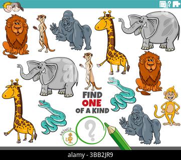 Zeichentrickillustration von Find One of a Art Bild lehrreiches Puzzle mit Tierfiguren Stock Vektor