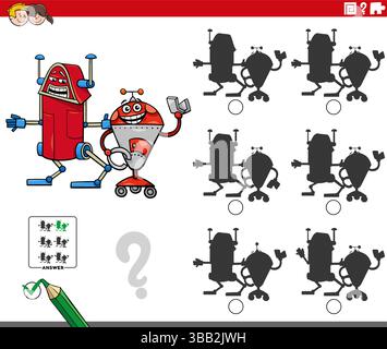 Cartoon-Illustration der Suche nach dem richtigen Bild für das schattenpädagogische Puzzle mit zwei lustigen Robotern Stock Vektor
