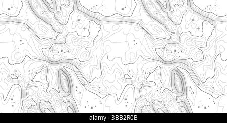Hintergrund der nahtlosen Kartentopographie mit Linienmuster. Kontur Textur Holz topographische abstrakte Kurven Vektor. Gebirgskompass-Kartographie mit Linear Stock Vektor