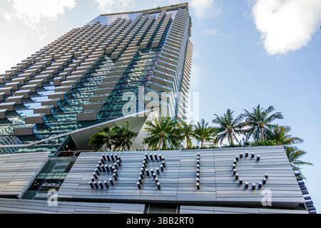 Miami Florida, Brickell Financial District, Brickell Plaza, EAST Miami Hotelresidenzen, Brickell City Centre, ultramoderne Architektur, Winkelglas Stockfoto