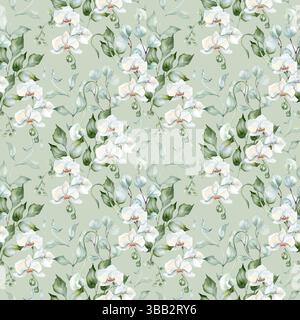 Sanftes, florales Aquarellmuster in Pastellfarben isoliert. Weiße Blumen Orchideen und weiche grüne Eukalyptusblätter handbemalt. Grün Stockfoto