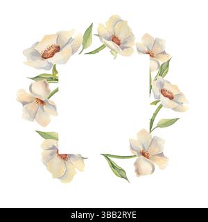 Blumengestell mit Elfenbeinanemonen und weichem Grün, handgemaltes Aquarell isoliert auf weiß. Elegantes botanisches Design für Hochzeitseinladungen im Frühling Stockfoto