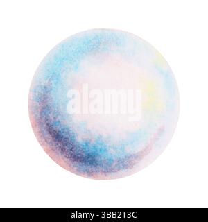 Handgemalter Aquarellkreis in Pastellfarben, der einer Seifenblase oder magischen Perle ähnelt. Weiche Textur und Regenbogenfarben sorgen für ein verspieltes und traumhaftes Ambiente Stockfoto