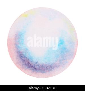Wasserfarbenkreis, der einer Seifenblase, Luftblase oder Perle ähnelt, mit Perlmutt- und mehrfarbiger Textur in sanften Blau-, Violett- und Rosa-Tönen. Hand Stockfoto