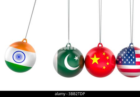 Newtons Wiege mit strukturierten Flaggen aus Indien, Pakistan, China und den USA, die geopolitische Spannungen und Kettenreaktionen symbolisieren. 3D-Rendering isoliert auf wh Stockfoto
