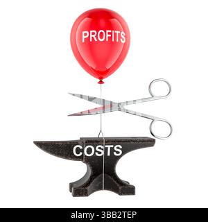 Gewinne aus Kosten, wirtschaftliches Entlastungskonzept mit Ballon-markierten Gewinnen, die von den Kosten mit Amboss-Etiketten befreit werden, 3D-Rendering isoliert auf wh Stockfoto