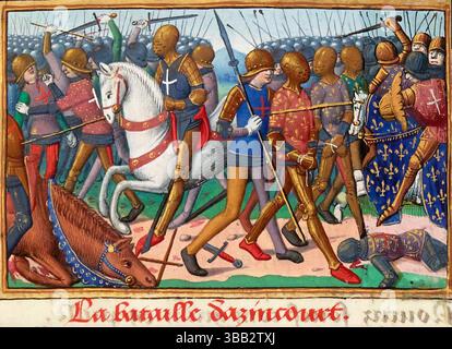 Schlacht von Agincourt. Illustration aus einem Manuskript aus dem 15. Jahrhundert, das die Schlacht von Agincourt 1415 zeigt, Pergament, um 1484 Stockfoto