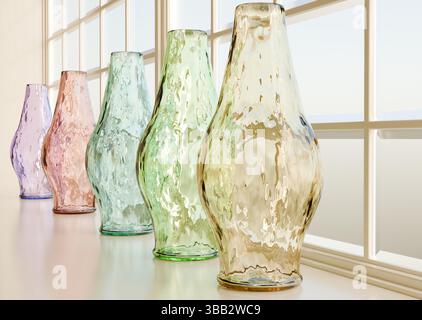 Eine Reihe farbiger Vasen aus Vintage-Glas mit Rippeleffekt - Flaschen - auf einem hellen Fenstervorsprung Stockfoto