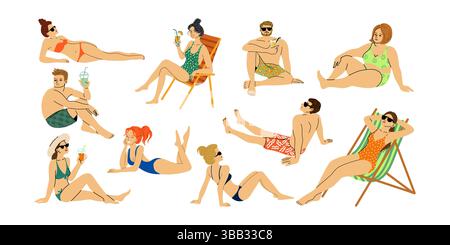 Flache Stil Vektorsammlung von Männern und Frauen in Badeanzügen, Sonnenbaden, Entspannen mit Cocktails und Sonnenbrille auf weißem Hintergrund. Stock Vektor